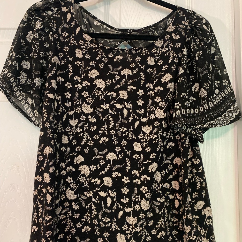 Lucky Brand Black and Cream Boxy Short Sleeve Blouse